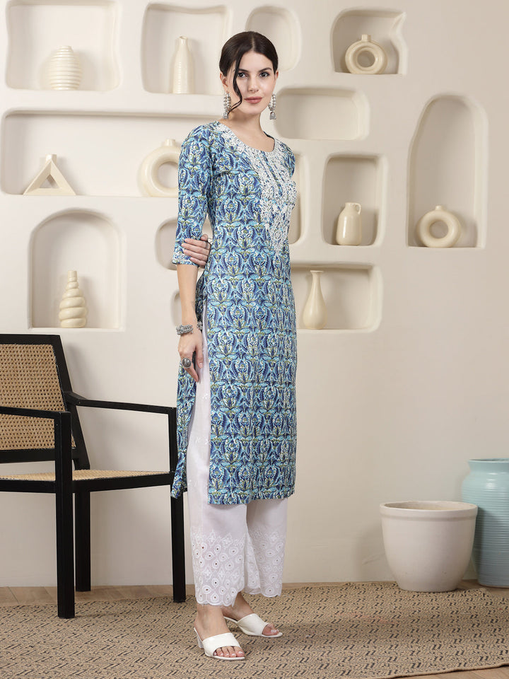 KURTA-Blue Printed & Embroidered Rayon Straight