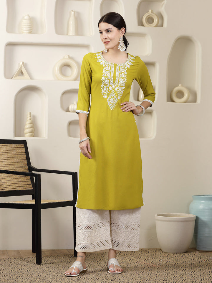 KURTA-Green Solid & Embroidered Rayon Straight