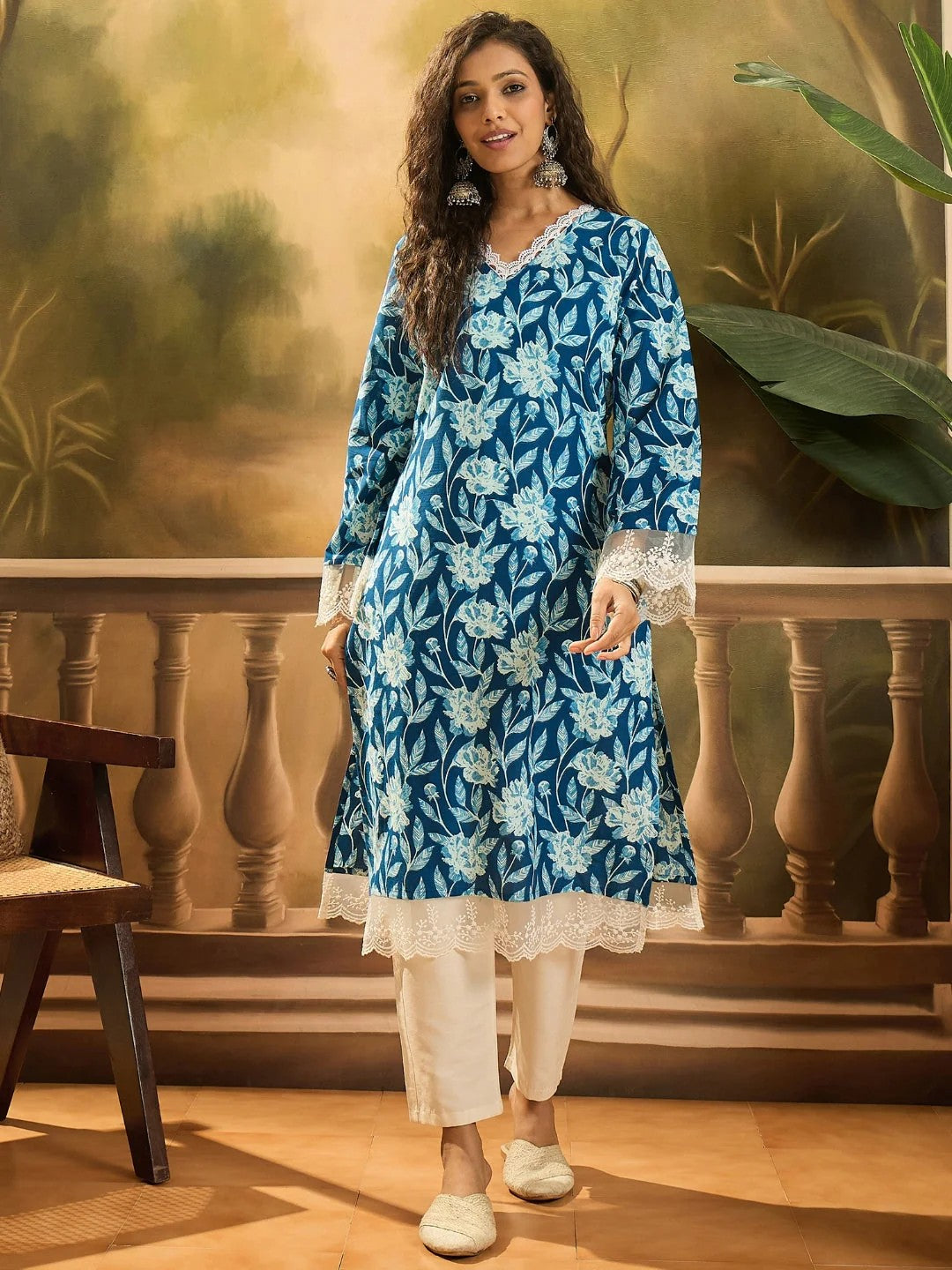 KURTA-Floral Printed Cotton Straight