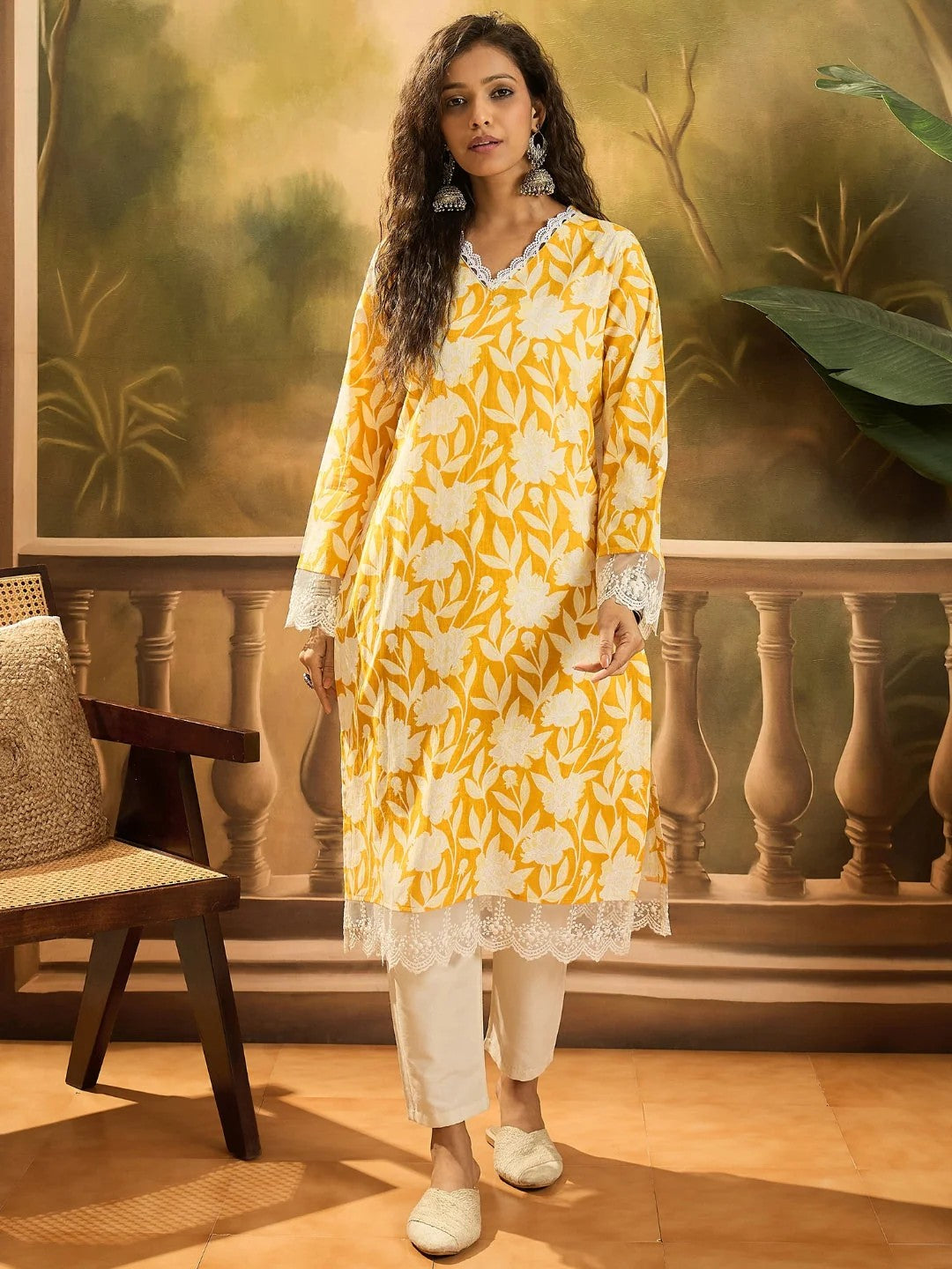 KURTA-Floral Printed Cotton Straight