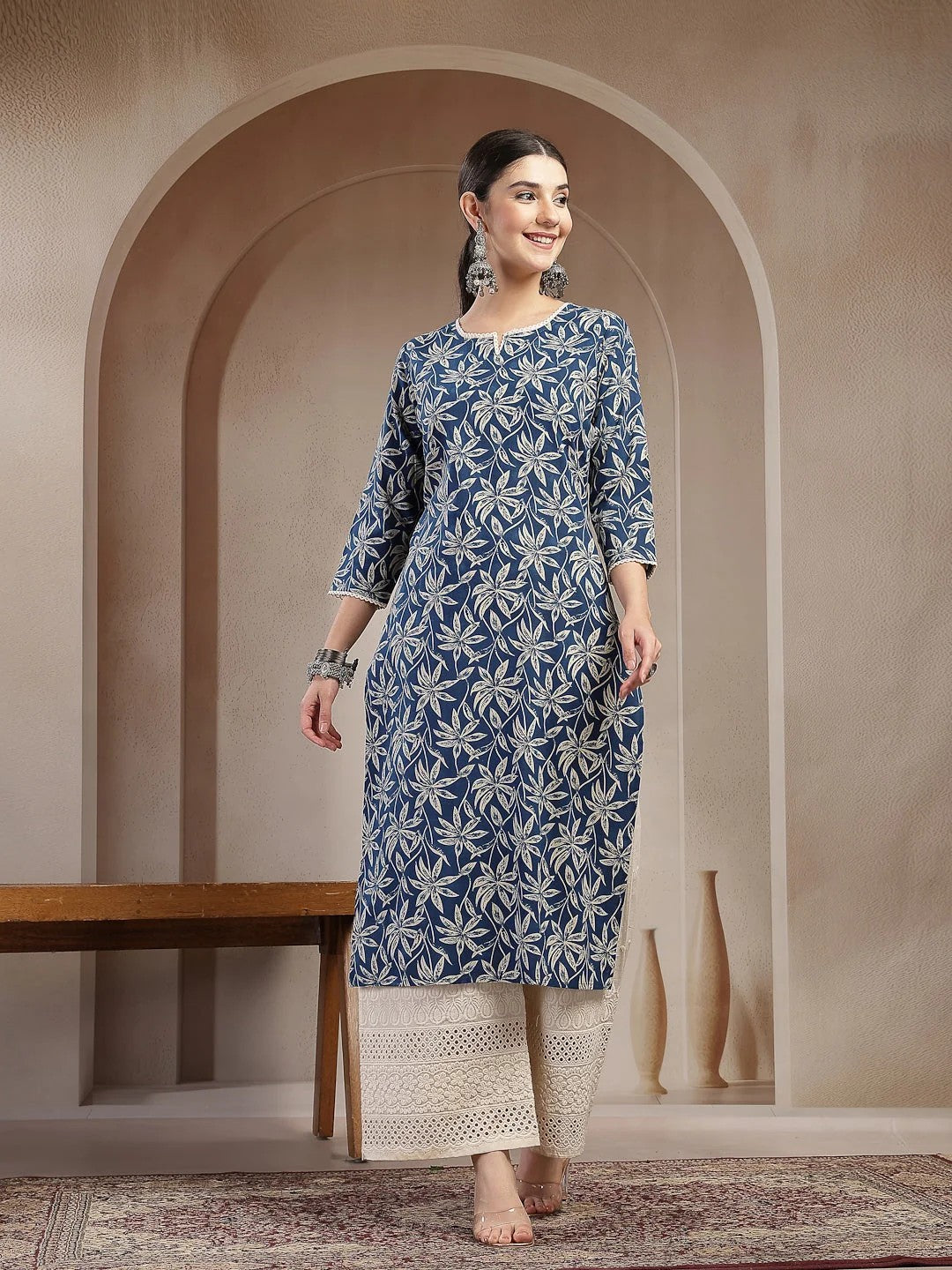 KURTA-Floral Printed Cotton Straight