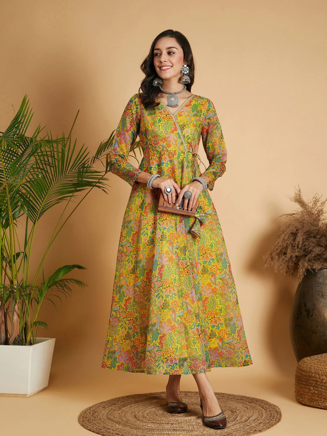 DRESS-Lemon Yellow Floral Anarkali Maxi