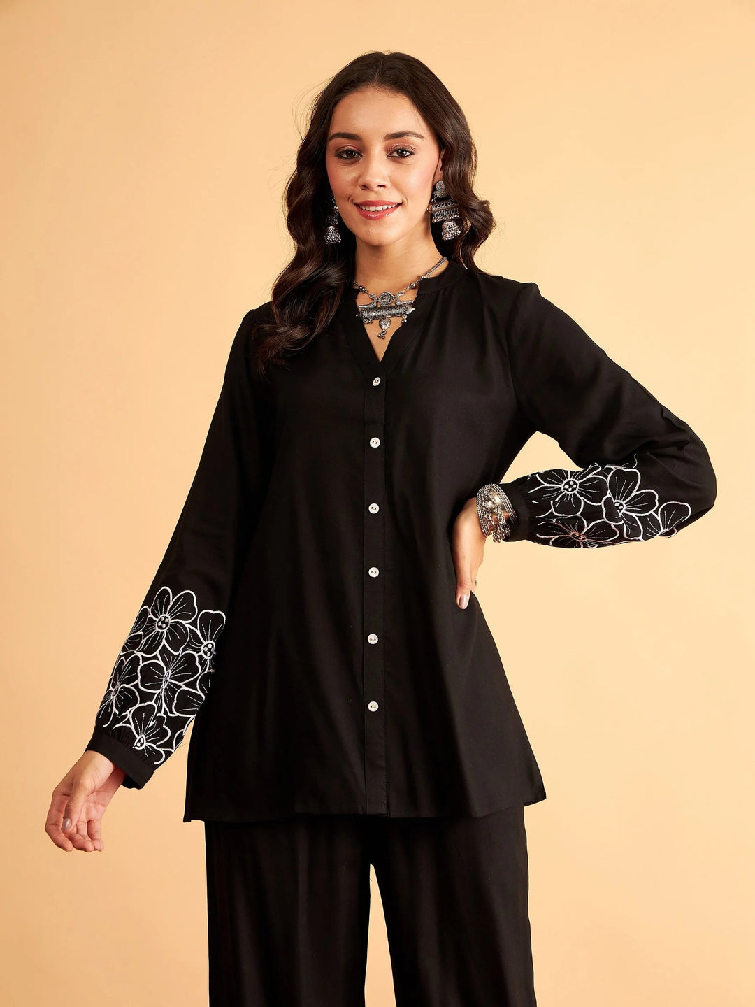 TOP-Black Rayon Embroidered