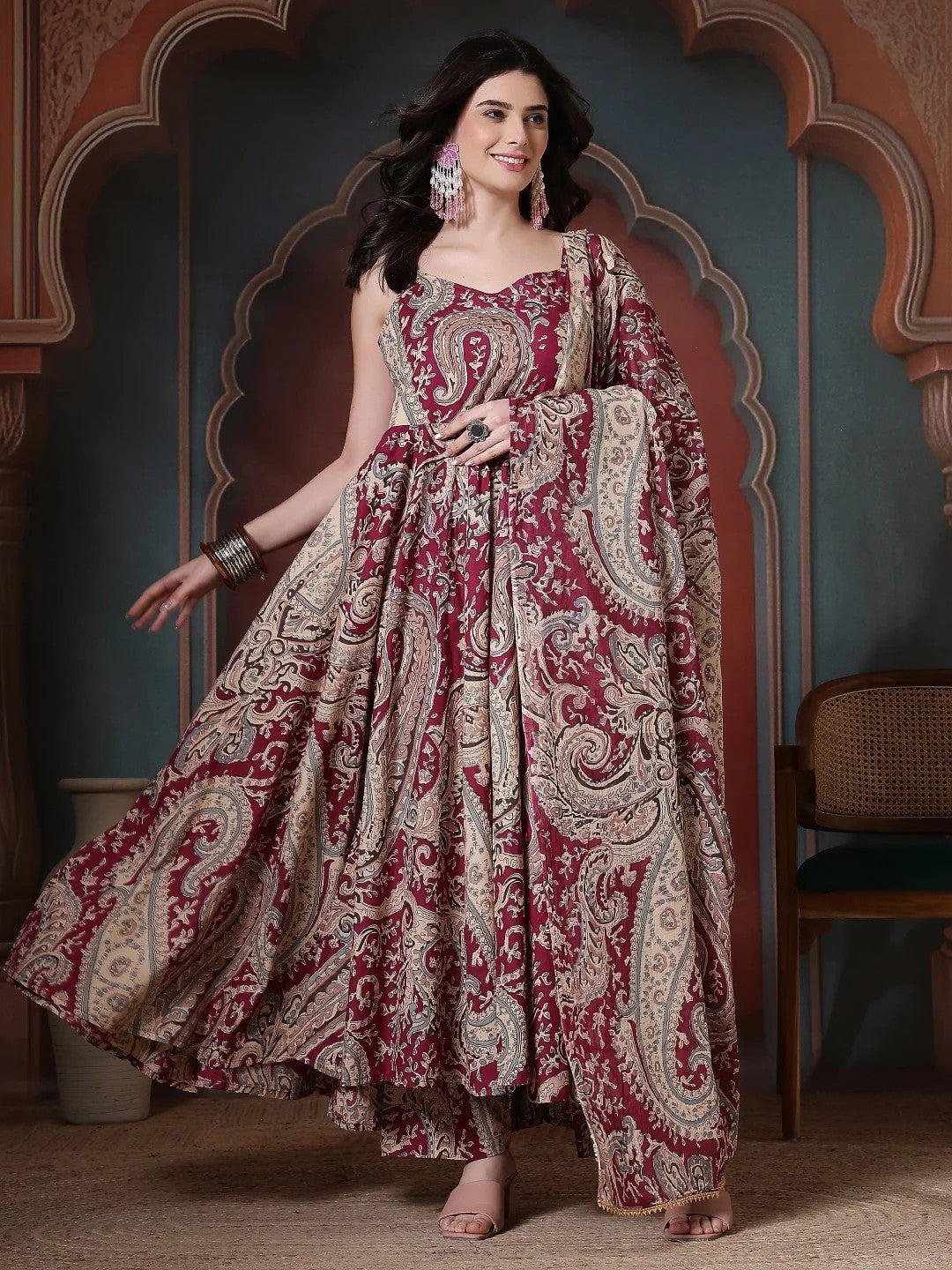 DUPATTA SET-Calf Length Printed Anarkali Kurta Set and Dupatta