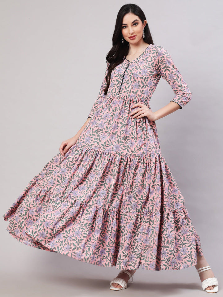 DRESS - PINK, RAYON PRINTED FLARED