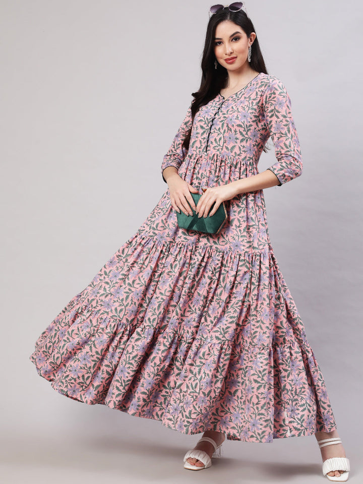 DRESS - PINK, RAYON PRINTED FLARED