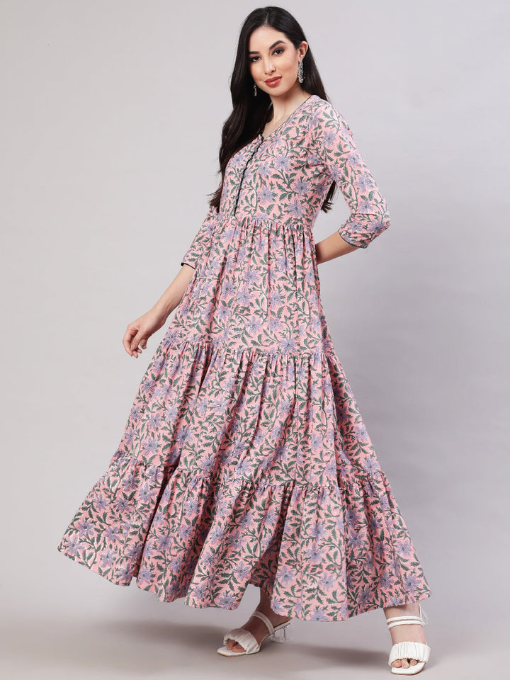 DRESS - PINK, RAYON PRINTED FLARED