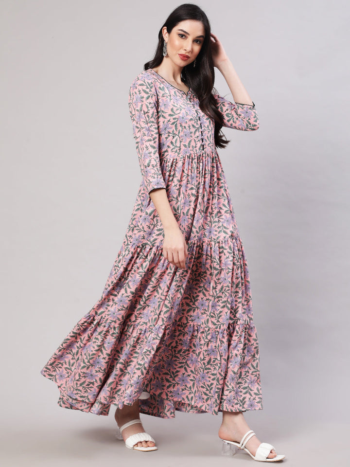 DRESS - PINK, RAYON PRINTED FLARED