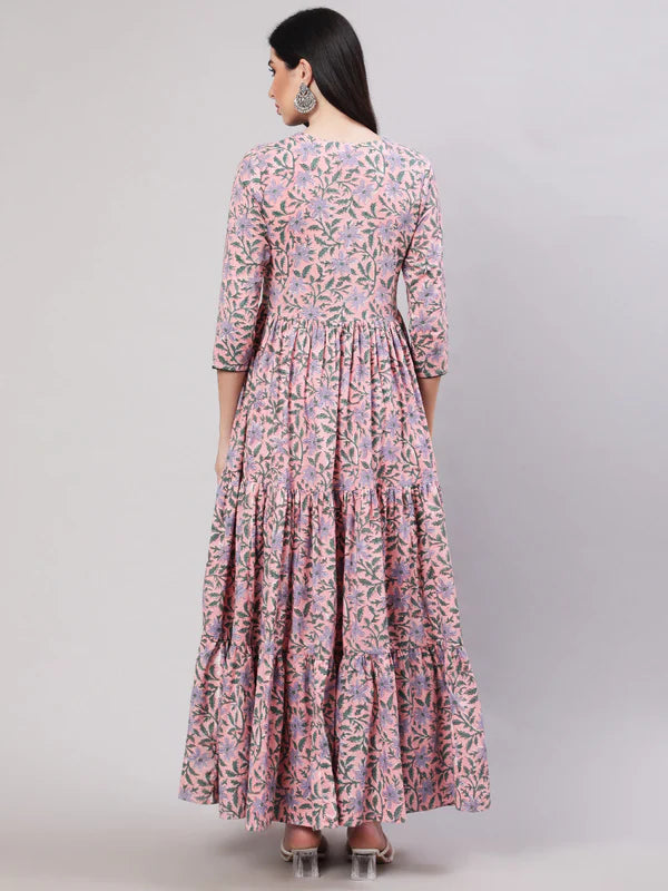 DRESS - PINK, RAYON PRINTED FLARED