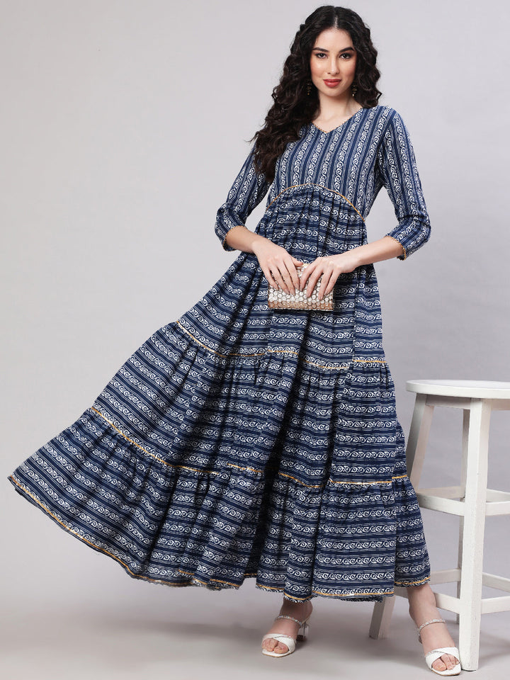 DRESS - BLUE, RAYON PRINTED ANKLE LENGTH