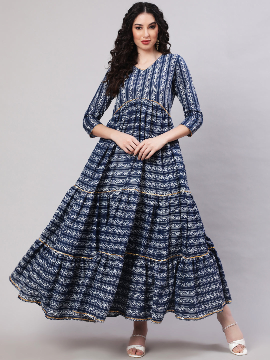 DRESS - BLUE, RAYON PRINTED ANKLE LENGTH