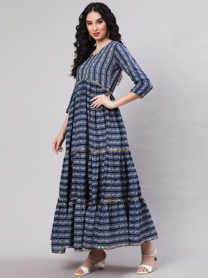 DRESS - BLUE, RAYON PRINTED ANKLE LENGTH