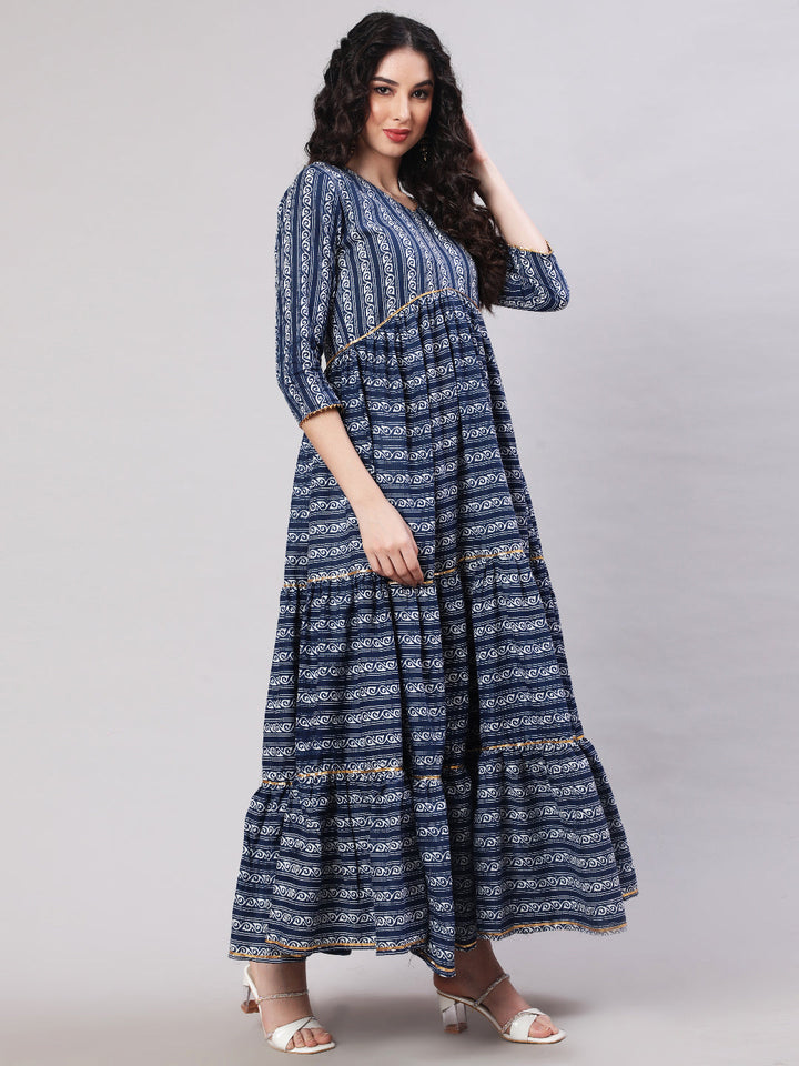 DRESS - BLUE, RAYON PRINTED ANKLE LENGTH