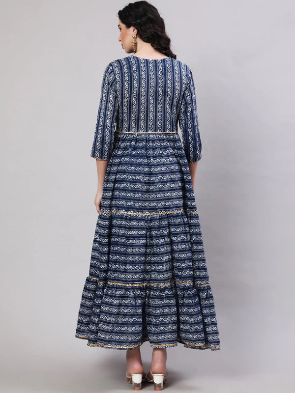 DRESS - BLUE, RAYON PRINTED ANKLE LENGTH