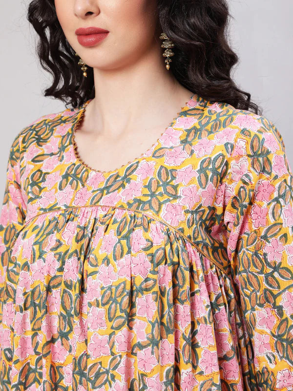 DRESS - PINK, RAYON PRINTED FLARED ROUND NECK