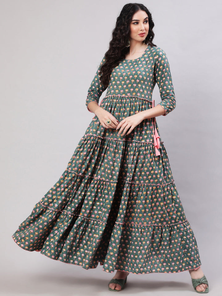 DRESS - GREEN, RAYON PRINTED ANKLE LENGTH FLARED