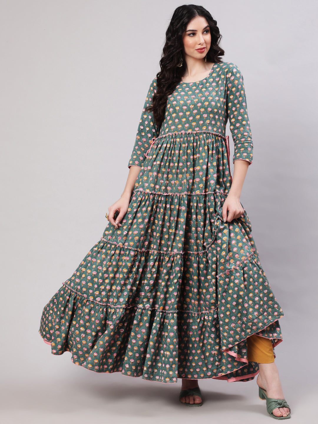 DRESS - GREEN, RAYON PRINTED ANKLE LENGTH FLARED