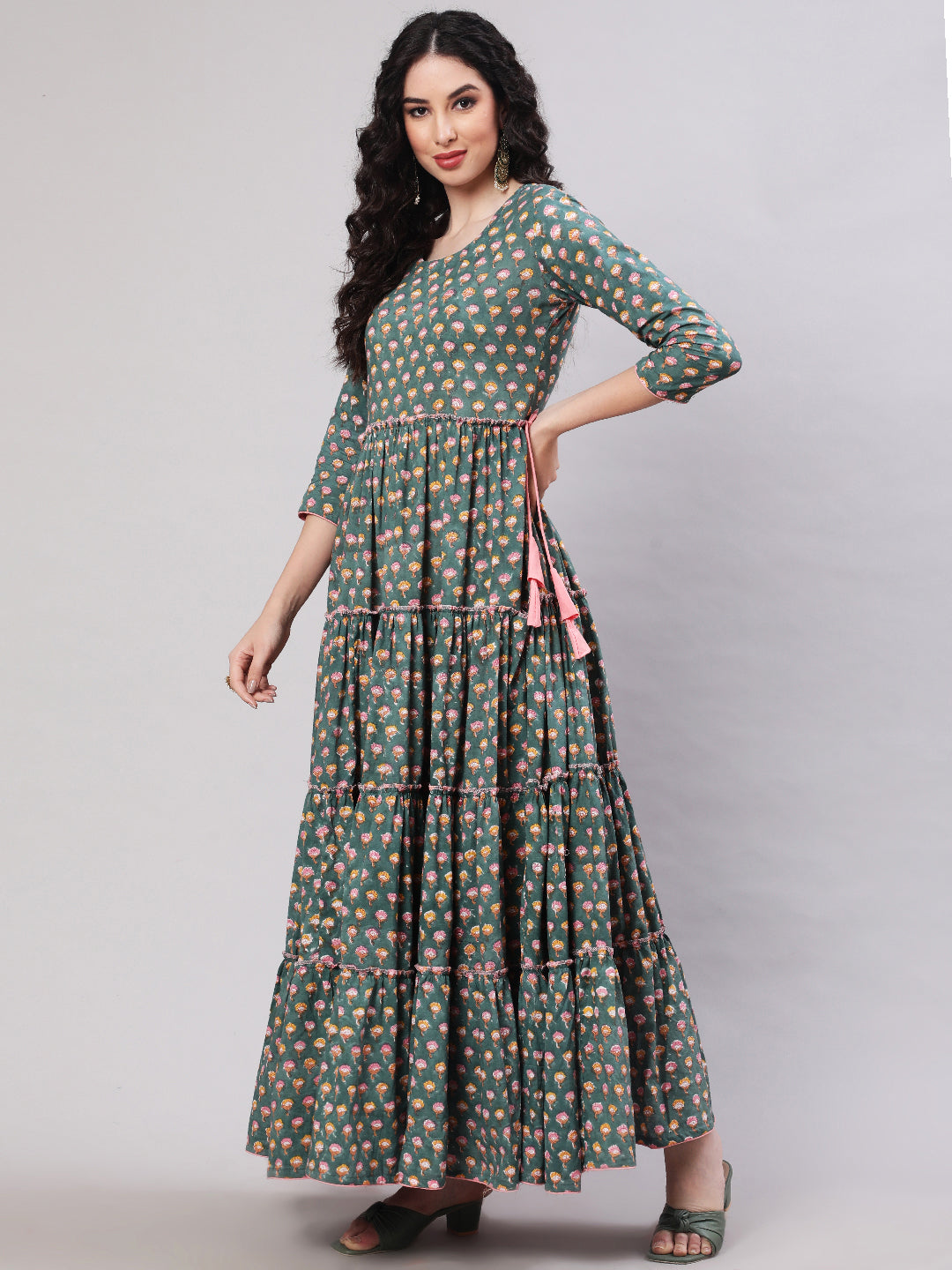 DRESS - GREEN, RAYON PRINTED ANKLE LENGTH FLARED