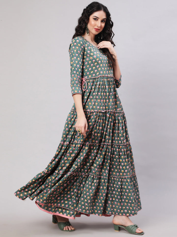 DRESS - GREEN, RAYON PRINTED ANKLE LENGTH FLARED