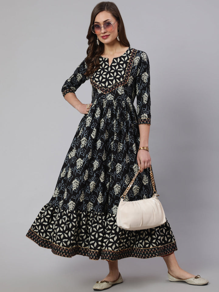 DRESS - BLACK, COTTON PRINTED ANKLE LENGTH FLARED