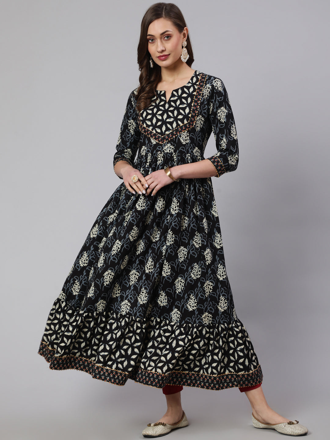 DRESS - BLACK, COTTON PRINTED ANKLE LENGTH FLARED