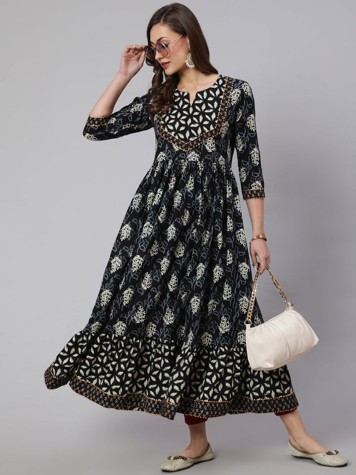 DRESS - BLACK, COTTON PRINTED ANKLE LENGTH FLARED