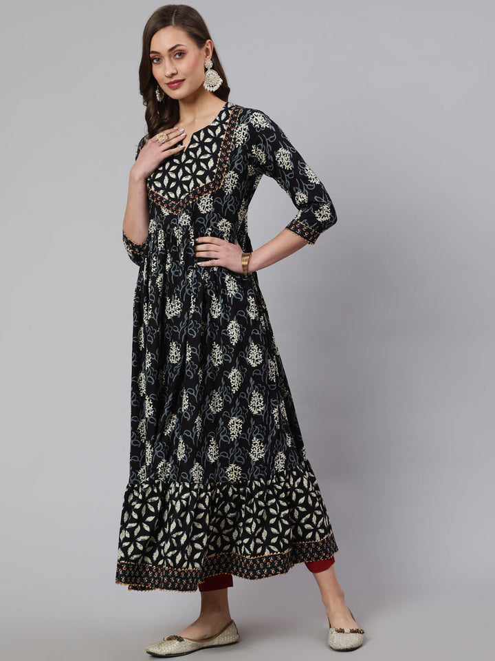 DRESS - BLACK, COTTON PRINTED ANKLE LENGTH FLARED