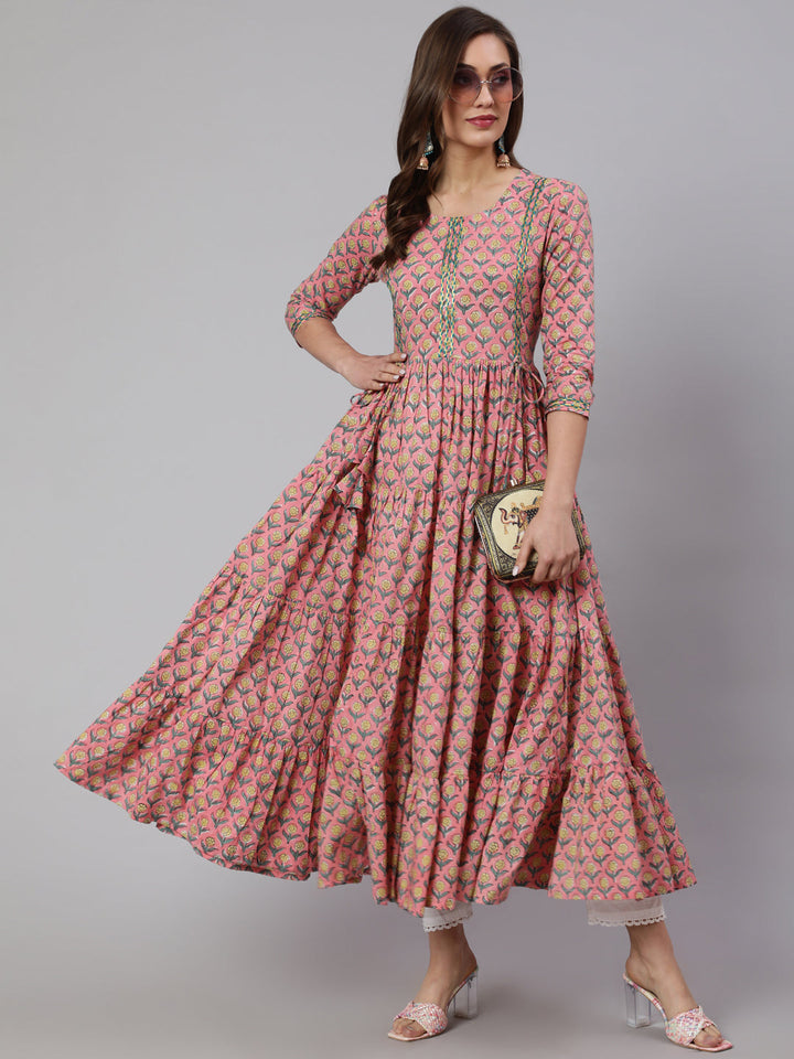 DRESS- PINK, COTTON PRINTED FLARED ANKLE LENGTH