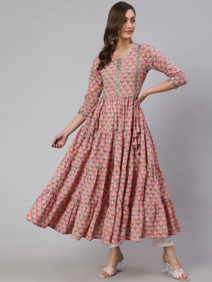 DRESS- PINK, COTTON PRINTED FLARED ANKLE LENGTH