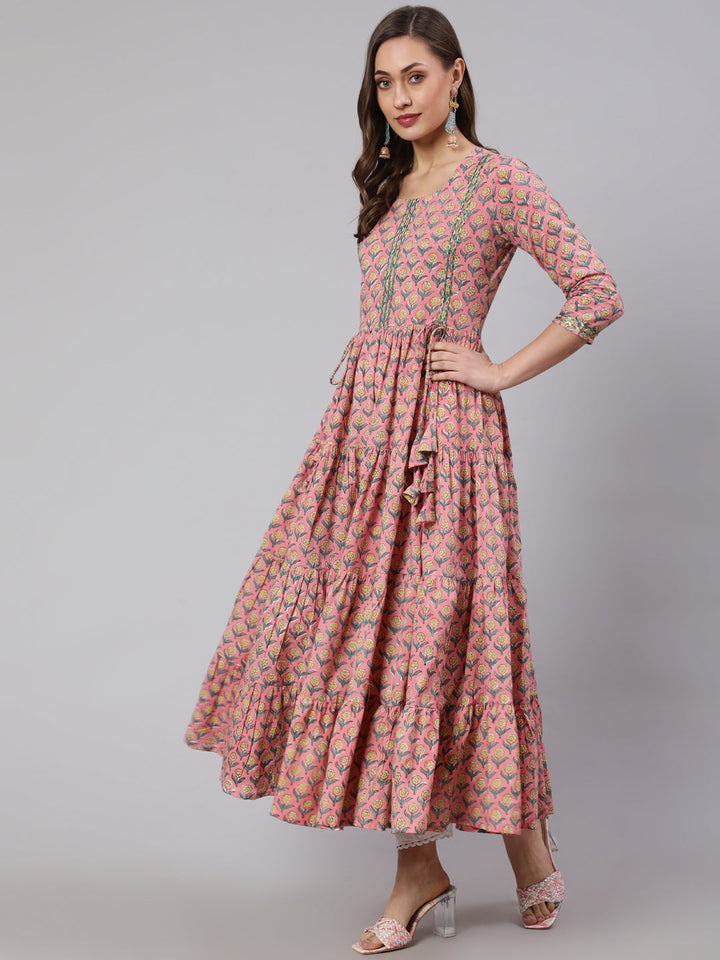 DRESS- PINK, COTTON PRINTED FLARED ANKLE LENGTH