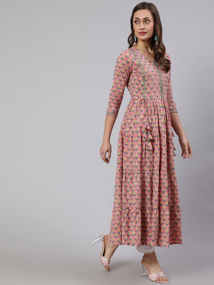 DRESS- PINK, COTTON PRINTED FLARED ANKLE LENGTH