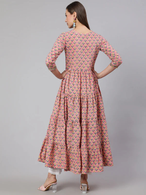 DRESS- PINK, COTTON PRINTED FLARED ANKLE LENGTH