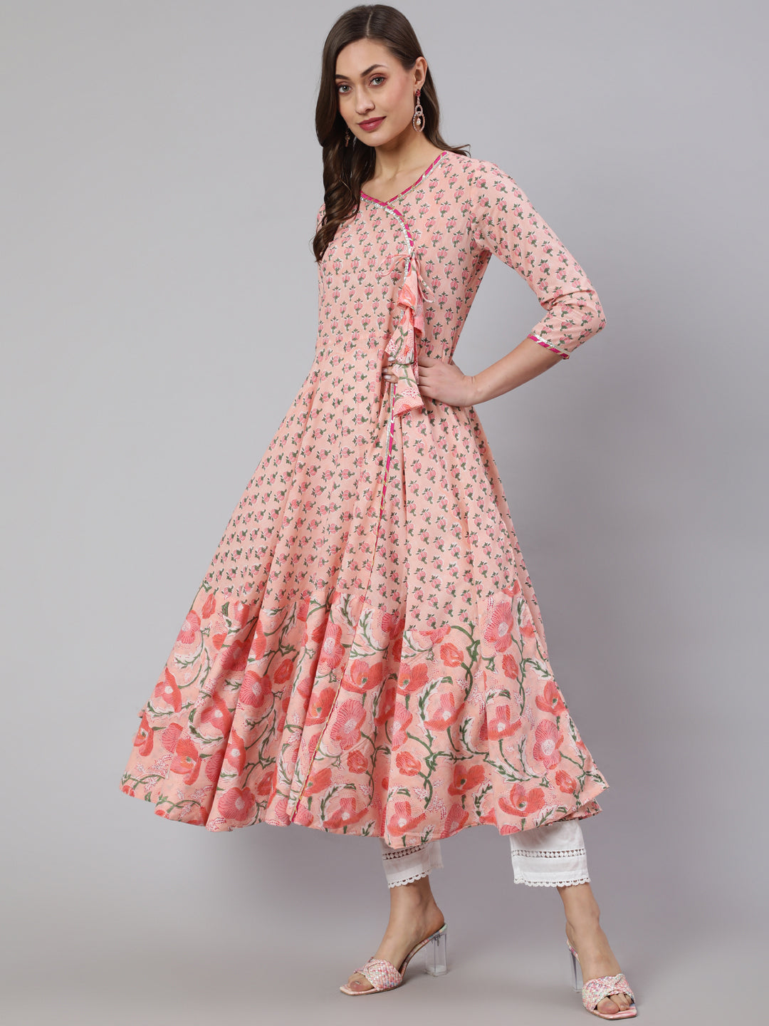 DRESS - PEACH, COTTON PRINTED ANKLE LENGTH FLARED