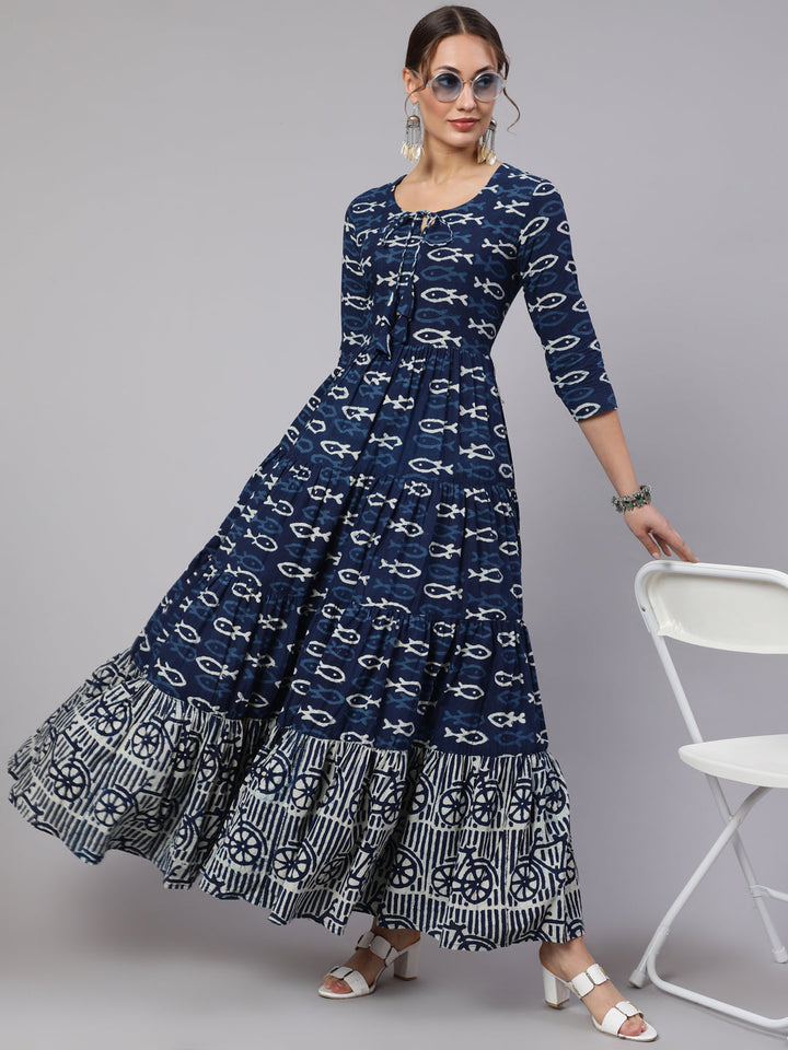 DRESS - BLUE, COTTON PRINTED ANKLE LENGTH FLARED