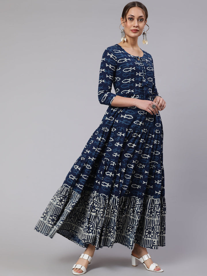 DRESS - BLUE, COTTON PRINTED ANKLE LENGTH FLARED