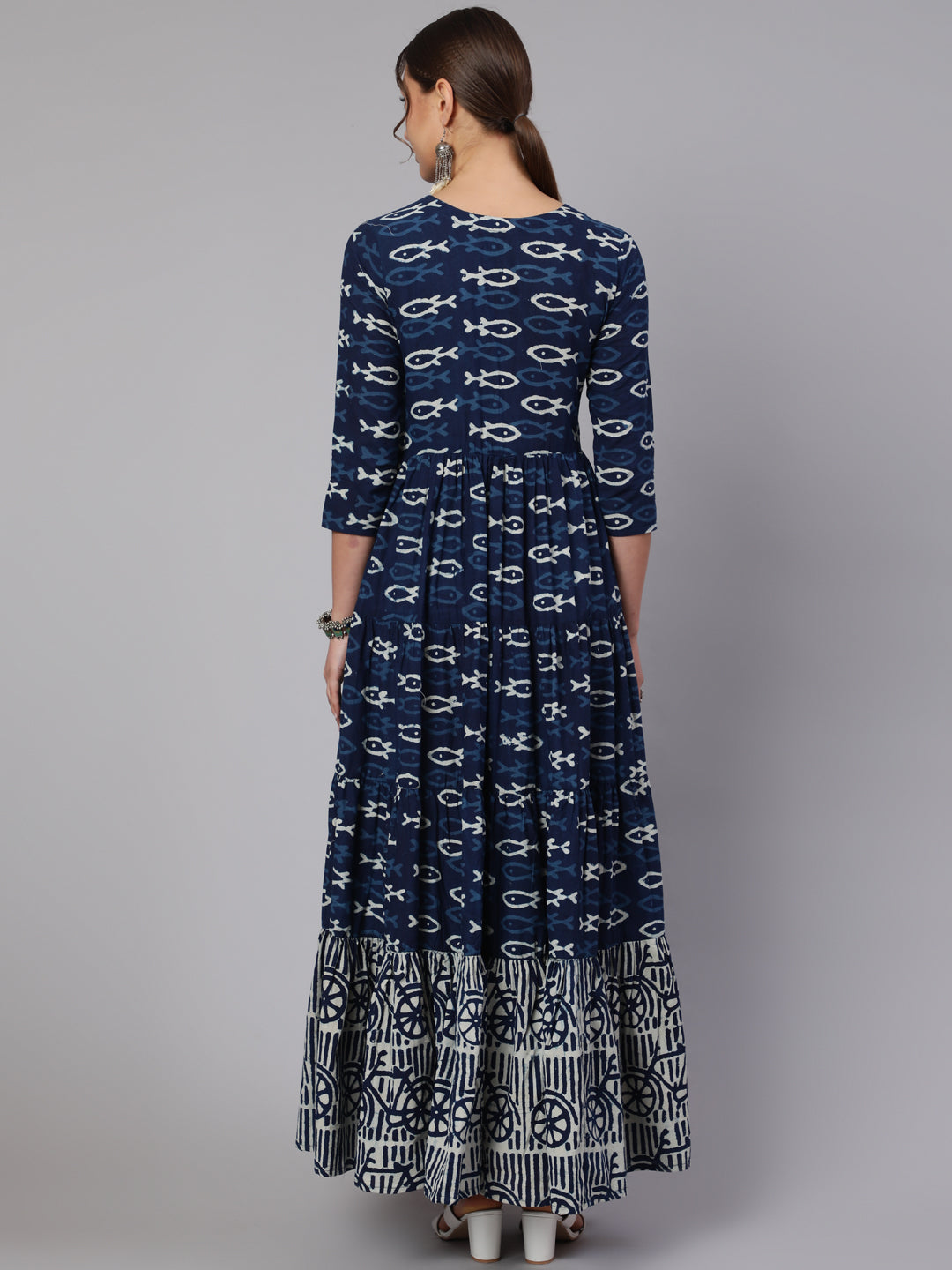 DRESS - BLUE, COTTON PRINTED ANKLE LENGTH FLARED