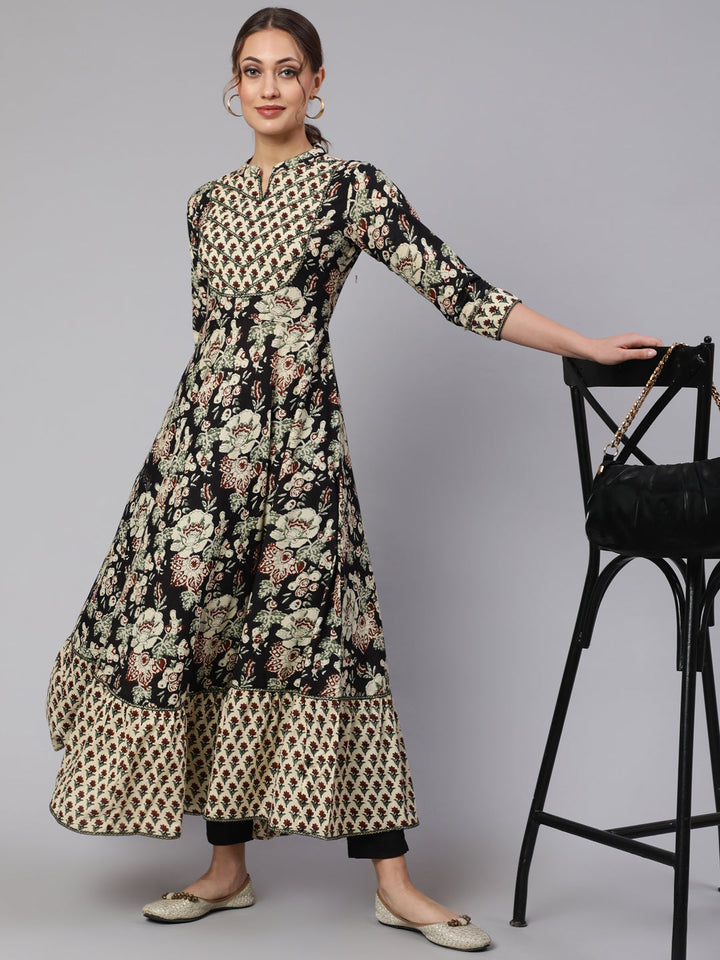 DRESS - BLACK, COTTON PRINTED FLARED MANDARIN NECK