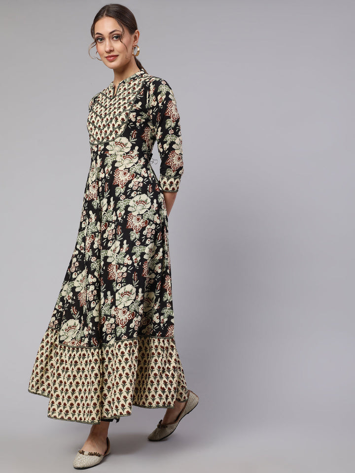 DRESS - BLACK, COTTON PRINTED FLARED MANDARIN NECK