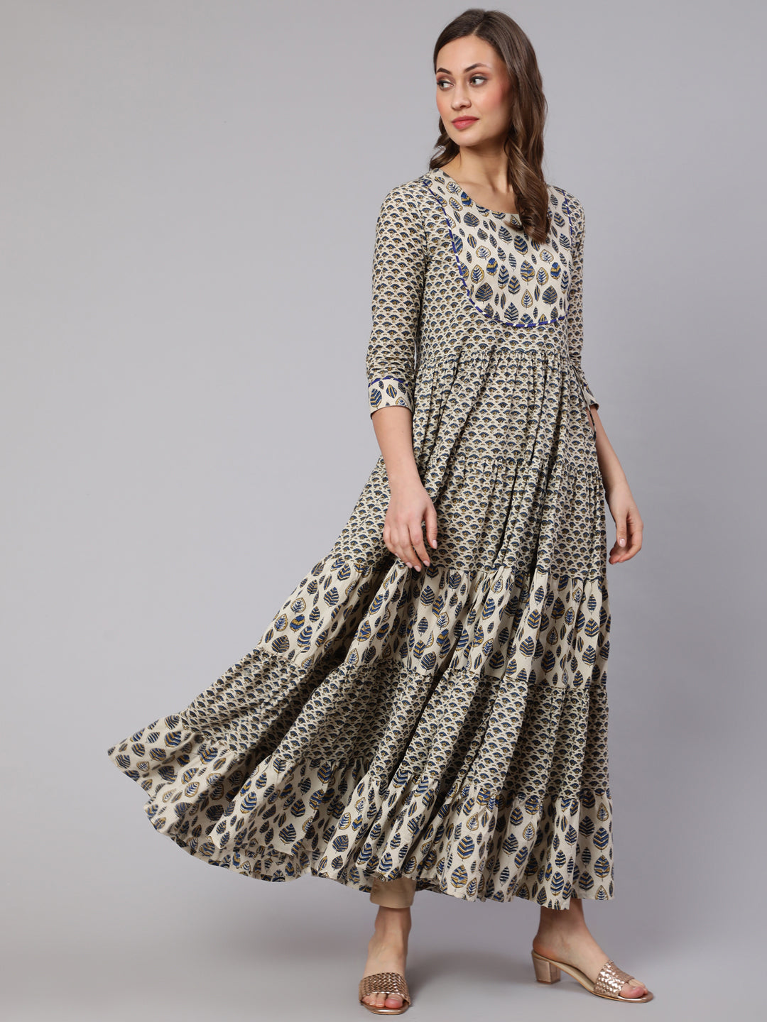 DRESS - BLUE, COTTON PRINTED ANKLE LENGTH FLARED