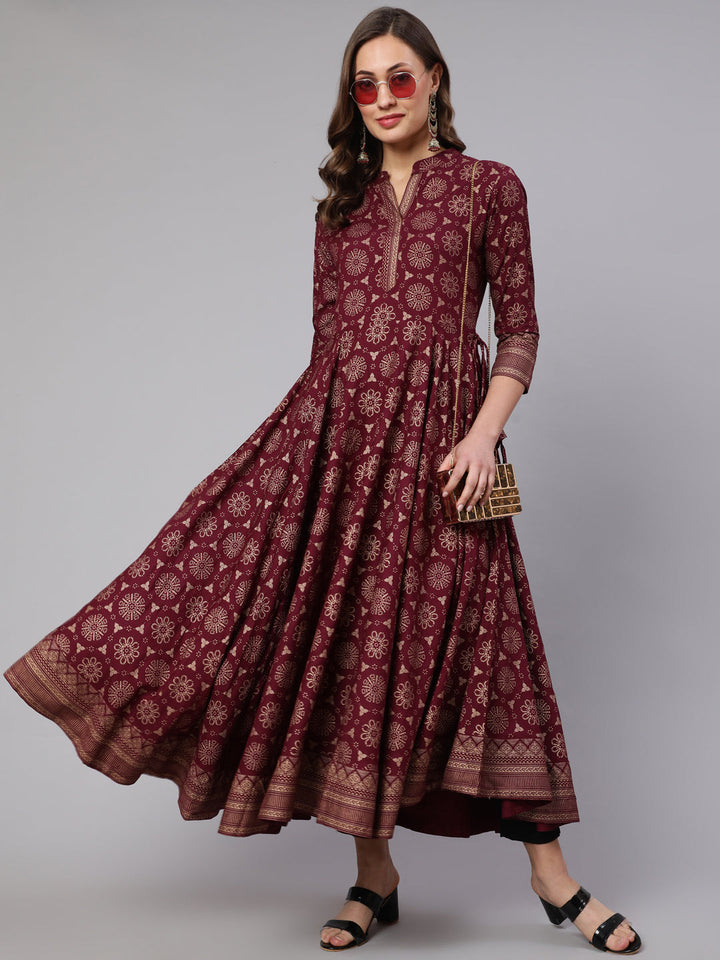 DRESS - WINE, RAYON GOLD PRINTED ANKLE LENGTH FLARED