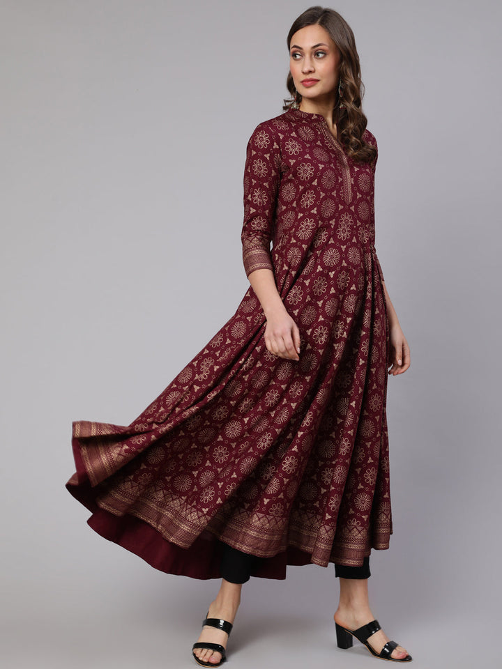 DRESS - WINE, RAYON GOLD PRINTED ANKLE LENGTH FLARED