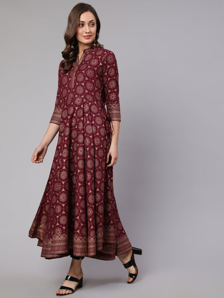 DRESS - WINE, RAYON GOLD PRINTED ANKLE LENGTH FLARED