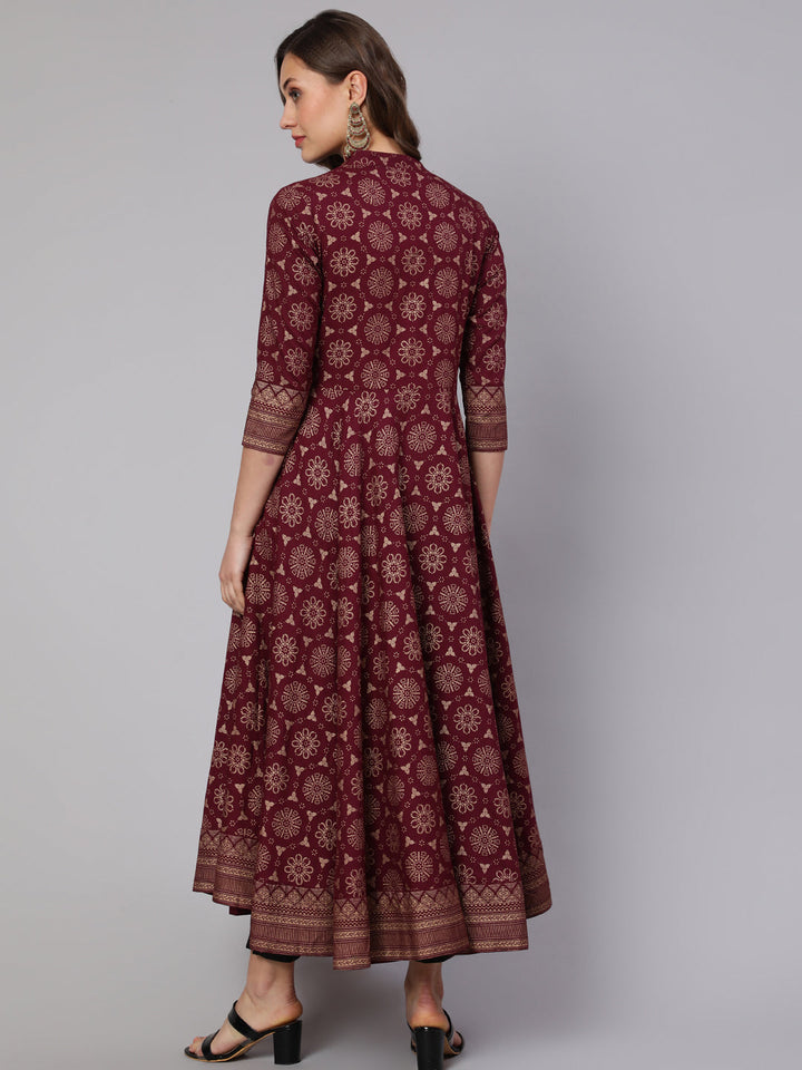 DRESS - WINE, RAYON GOLD PRINTED ANKLE LENGTH FLARED