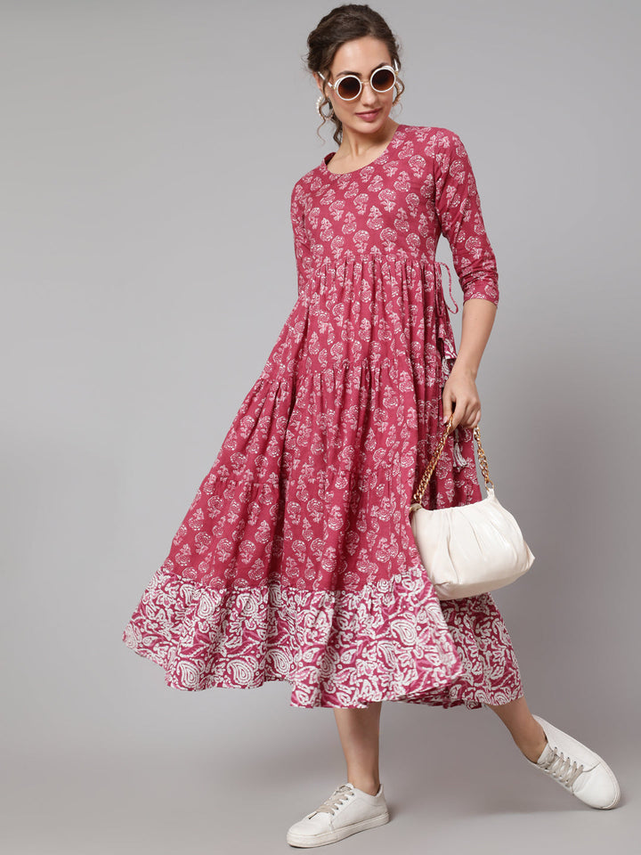 DRESS - WINE, COTTON PRINTED FLARED KURTA