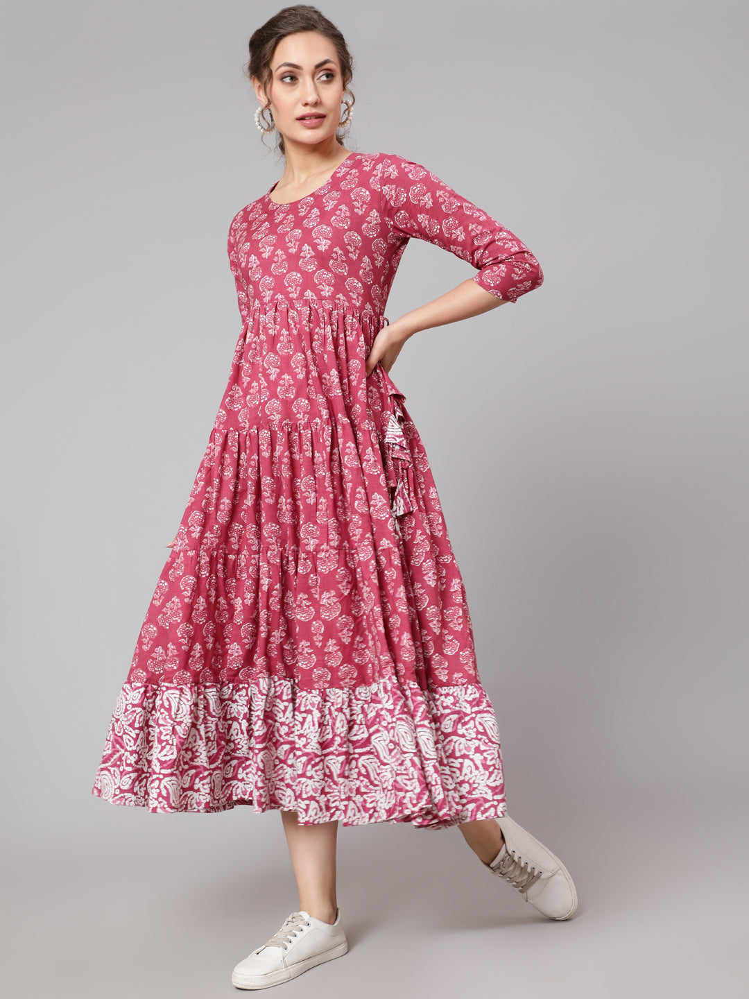 DRESS - WINE, COTTON PRINTED FLARED KURTA