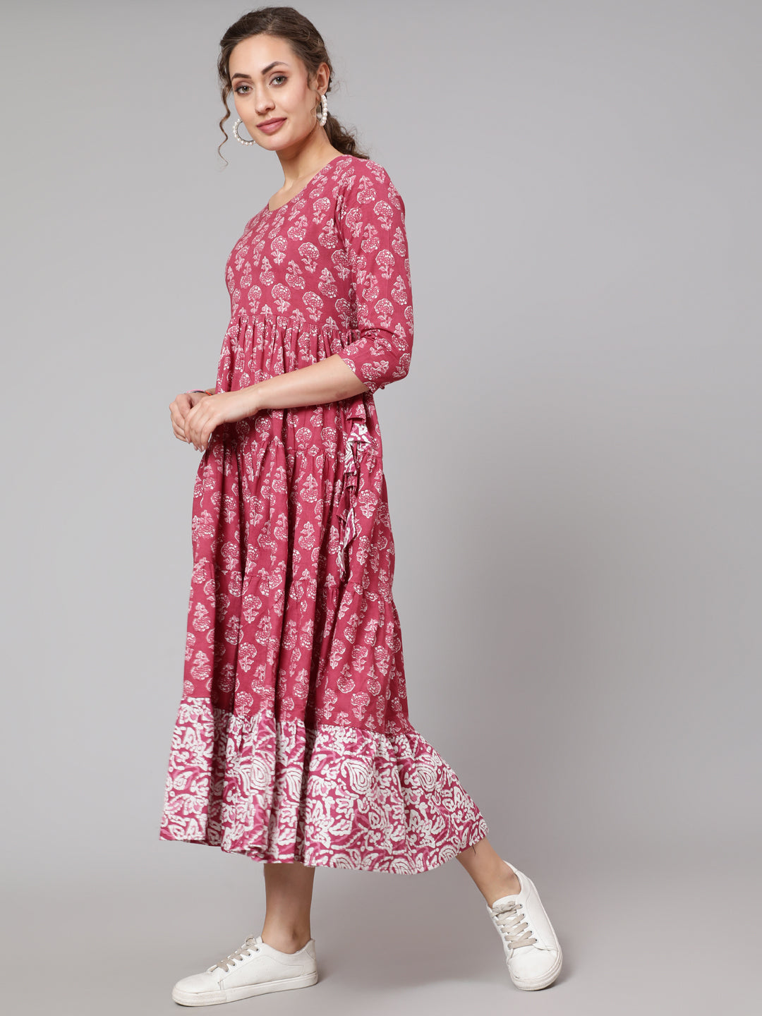 DRESS - WINE, COTTON PRINTED FLARED KURTA