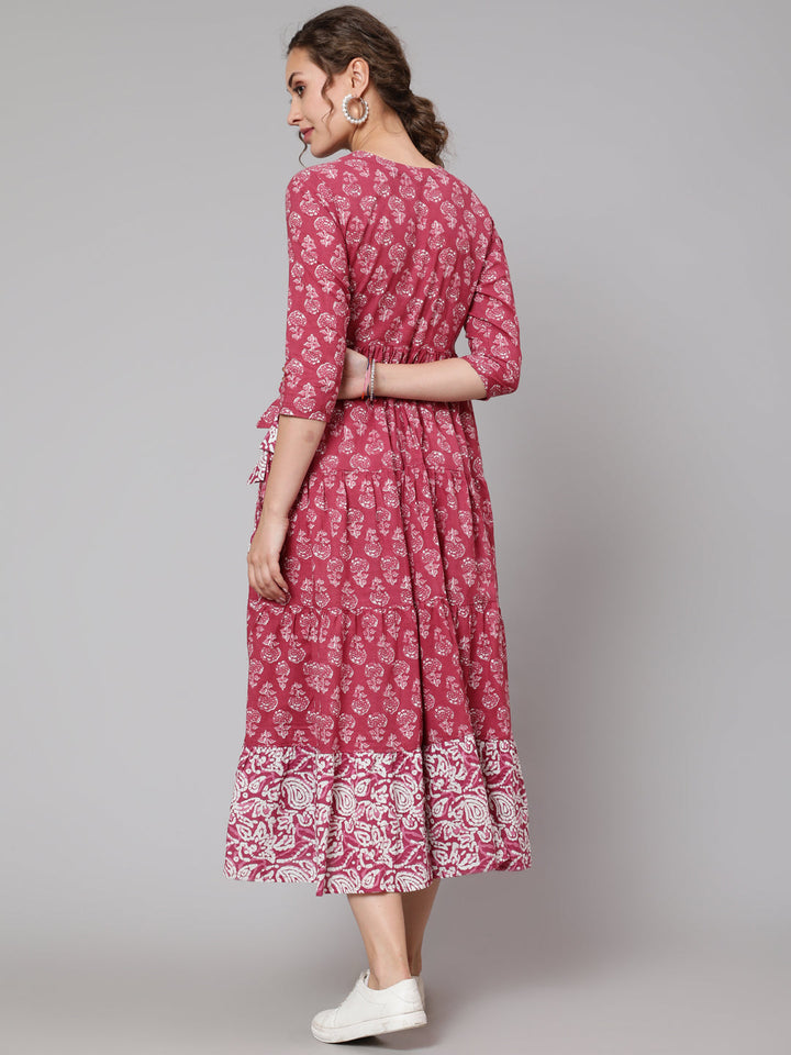 DRESS - WINE, COTTON PRINTED FLARED KURTA