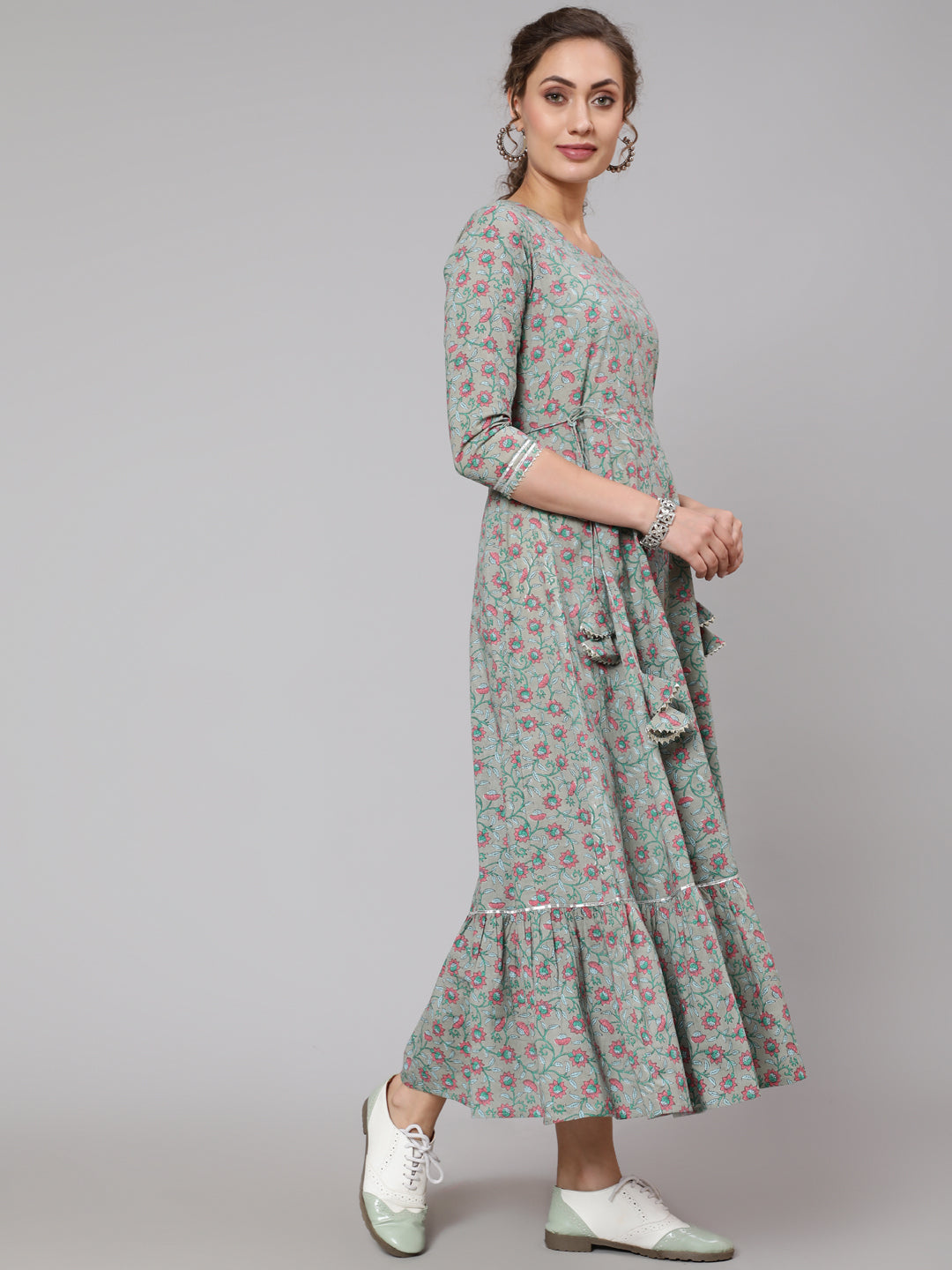 DRESS - GREY, COTTON PRINTED FLARED