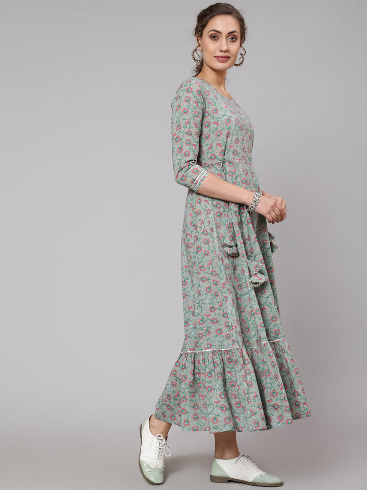 DRESS - GREY, COTTON PRINTED FLARED