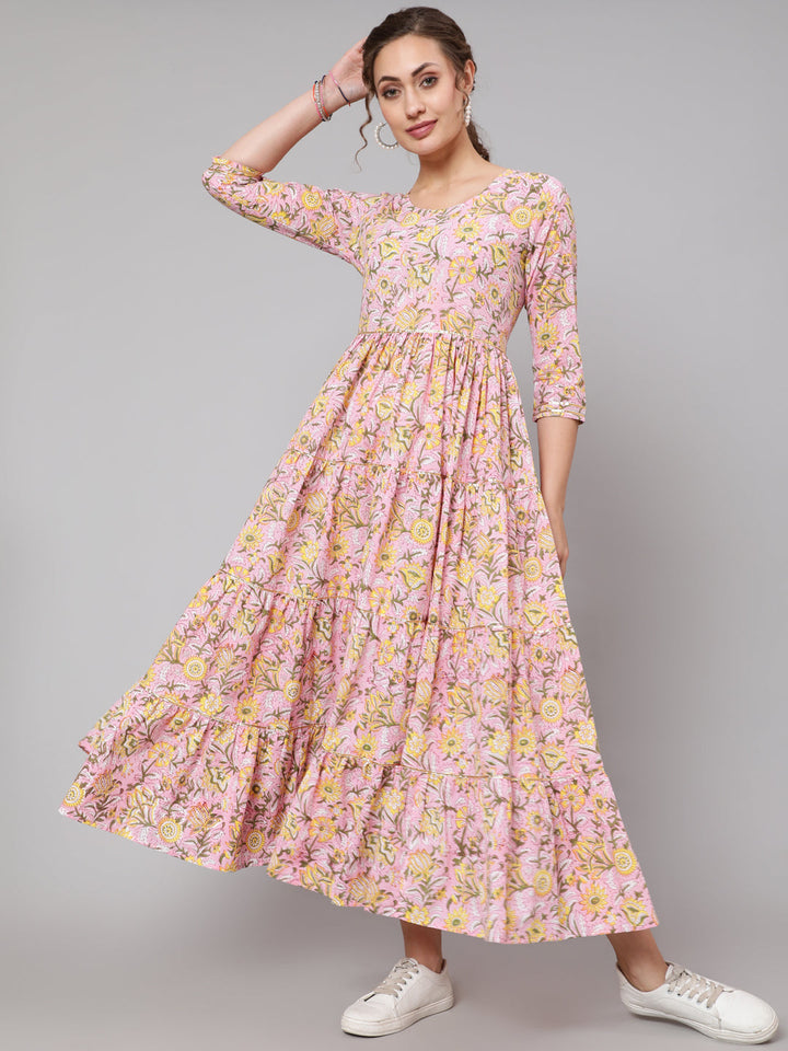 DRESS - PINK, COTTON PRINTED ROUND NECK FLARED